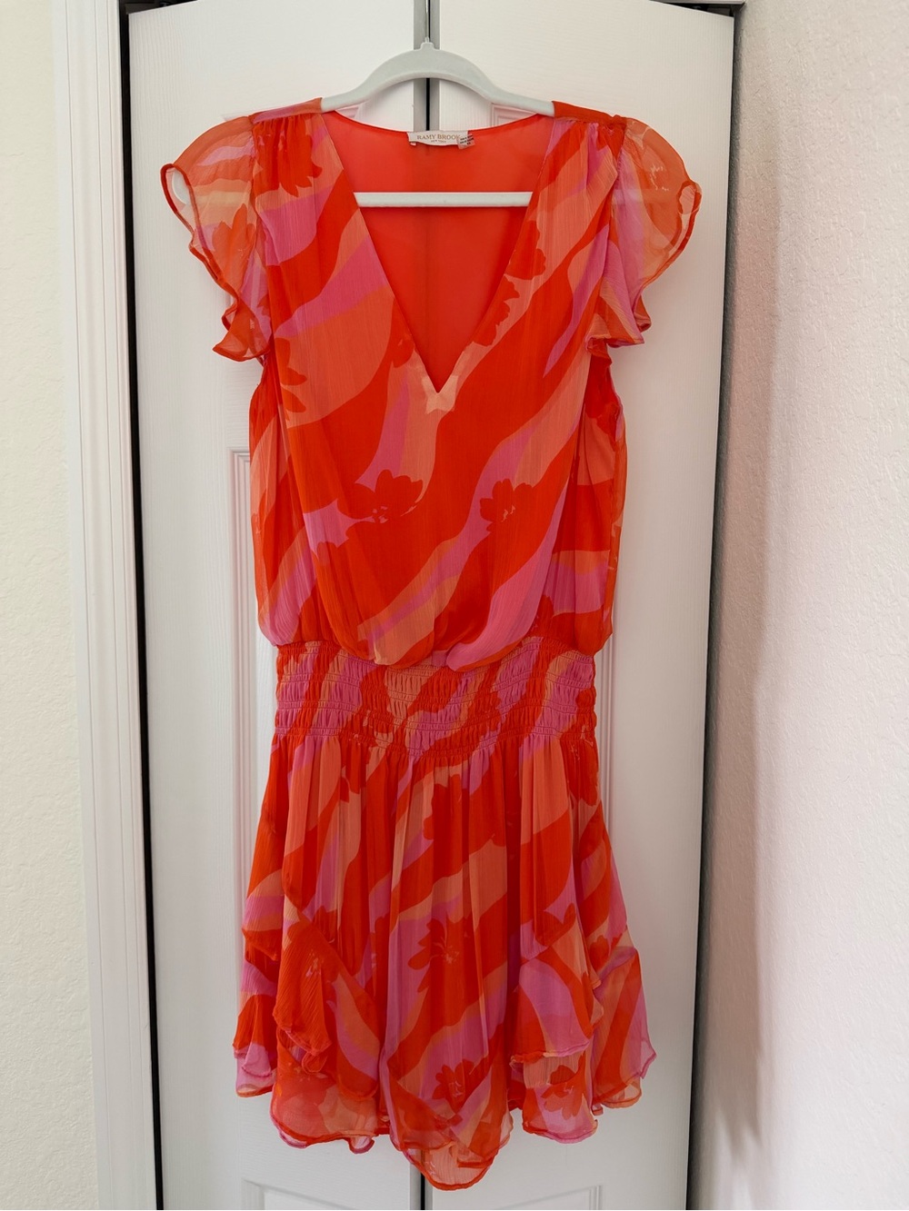 Ramy Brook Orange and Pink V-Neck Flutter Sleeve Mini Dress